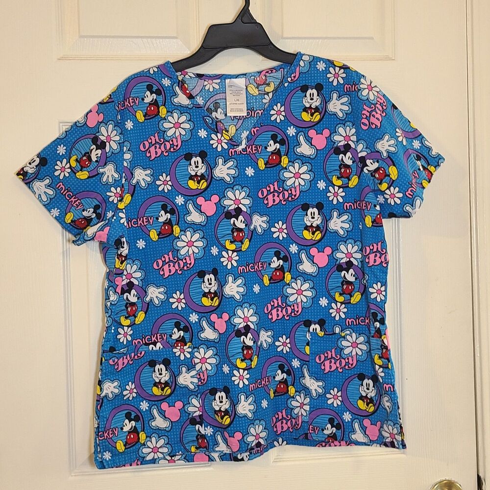 Disney Women L Scrub Top Vintage Mickey Mouse Oh Boy Cotton Floral Teal Pockets